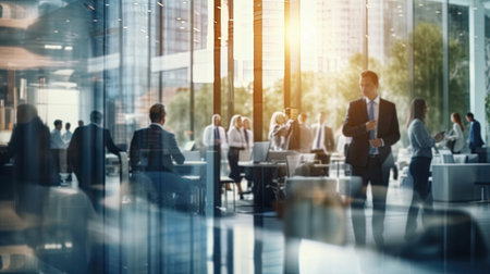 blurred background of business people in white glass office .の素材