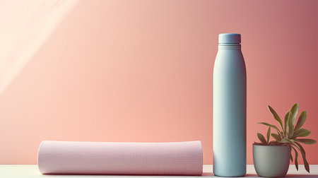 Yoga mat and sport bottle on color pastel background.の素材
