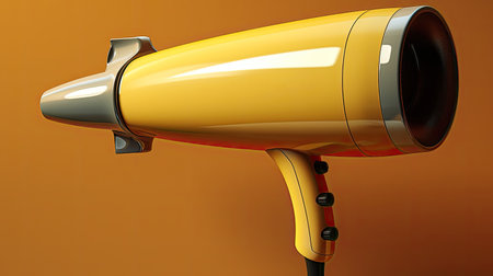 yellow hair dryer isolated on orange background.の素材