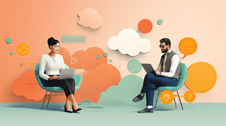 man and woman using laptops and speech bubbles, ai generatedの素材