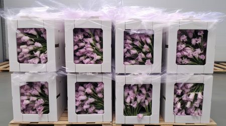 a lot of flowers packed in boxes refrigerator warehouse, flower market, ai generatedの素材