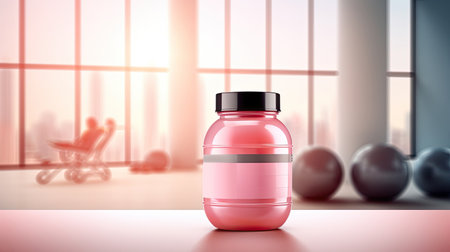 sport nutrition on gym background. mock up bottleの素材