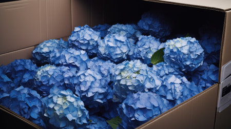 hydrangea flowers packed in boxes refrigerator warehouse, flower market, ai generatedの素材