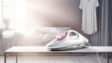 steam electric iron on white board in laundry room. ai generatedの素材