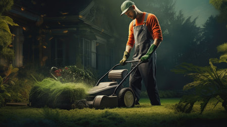 Professional gardener trimming green grass lawn with cordless mower.の素材