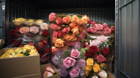 a lot of flowers packed in boxes refrigerator warehouse, flower market, ai generatedの素材