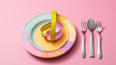 plate, fork, spoon and mesuaring tape on table, diet, ai generatedの素材