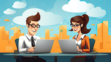 man and woman using laptops and speech bubbles, ai generatedの素材