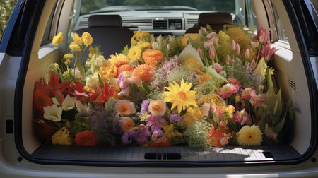 a lot of flowers in car trunk in spring day. ai generatedの素材