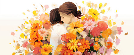 hugging day, couple with blooming flowers, paper cut design.の素材