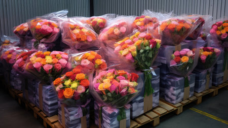 a lot of flowers packed in boxes refrigerator warehouse, flower market, ai generatedの素材