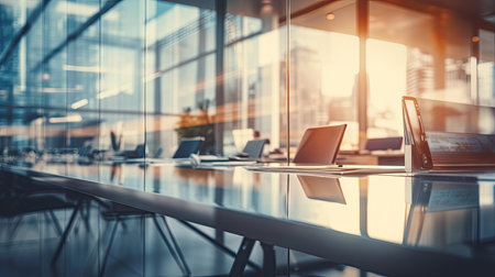 blurred background of business people in white glass office .の素材