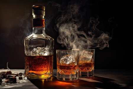 two glasses and bottle of whiskey on a wooden table, ai generatedの素材