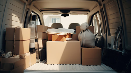 open trunk of a truck with things in boxes . moving dayの素材