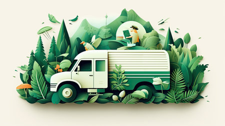 eco delivery, green truck with things in boxes . moving dayの素材
