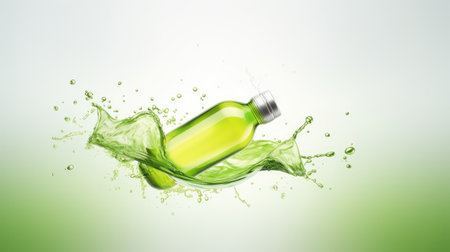 eco-friendly bottle of cleaning product with splash on light backgroundの素材