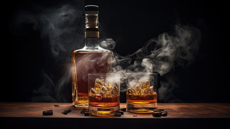 two glasses and bottle of whiskey on a wooden table, ai generatedの素材