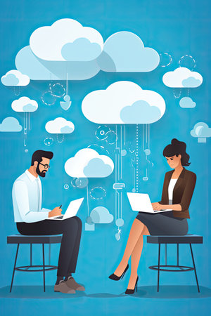 man and woman using laptops and speech bubbles, ai generatedの素材