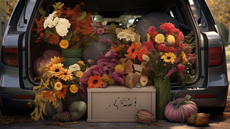 a lot of flowers in car trunk in spring day. ai generatedの素材