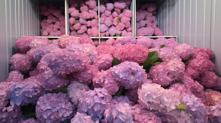 hydrangea flowers packed in boxes refrigerator warehouse, flower market, ai generatedの素材