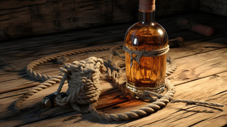 whiskey bottle with ropes on dark background, ai generatedの素材