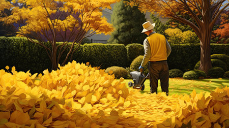 gardener removing yellow leaves from lawn.の素材
