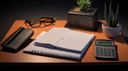 office table desk background. Workspace with laptopの素材