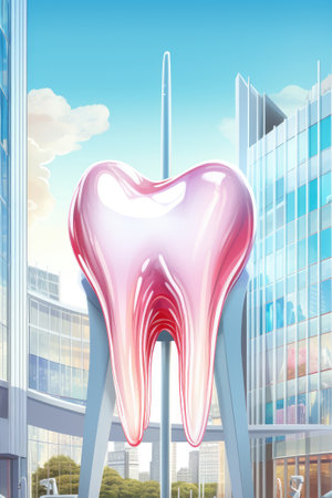 model of human tooth on hospital background.の素材