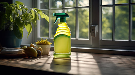 bio organic bottle of cleaning product and leaves on modern kitchen tableの素材