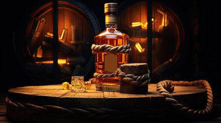 whiskey bottle with ropes and barrel, ai generatedの素材