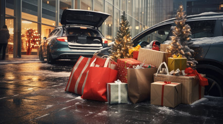 shopping bags in car trunk at mall parking in winter, ai generated.の素材