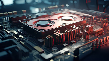 close-up of electronic computer hardware technology. Motherboard digital chip. ai generatedの素材