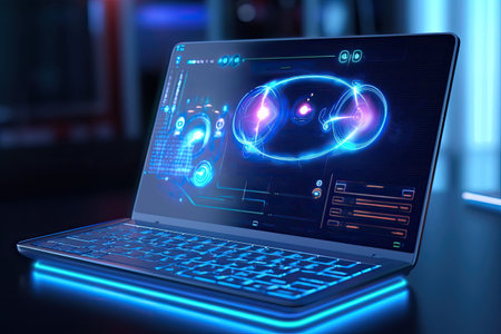 digital system support for patient . laptop with medical iconsの素材