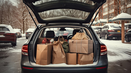 shopping bags in car trunk at mall parking in winter, ai generated.の素材