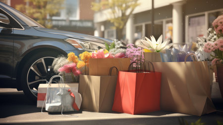 shopping bags and flowers in family car trunk in spring day. gifts, ai generatedの素材