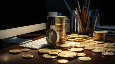 gold saving, gold coins on the table.の素材