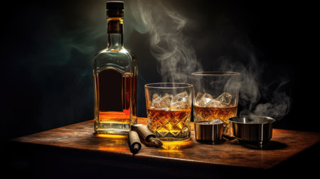 two glasses and bottle of whiskey on a wooden table, ai generatedの素材
