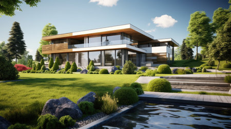 Landscape design with flowers, beautiful residential house backyard in summer.の素材