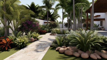 Landscape design with flowers, beautiful residential house backyard in summer.の素材