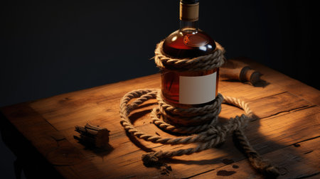 whiskey bottle with ropes on dark background, ai generatedの素材