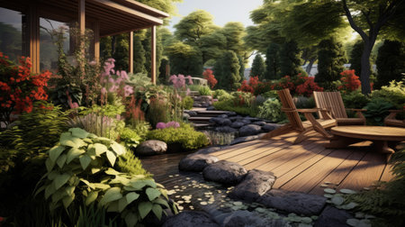 Landscape design with flowers, beautiful residential house backyard in summer.の素材