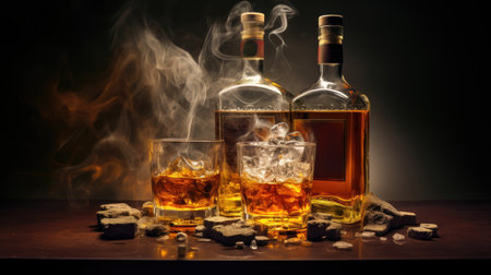 two glasses and bottle of whiskey on a wooden table, ai generatedの素材