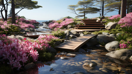 Landscape design with flowers, beautiful residential house backyard in summer.の素材