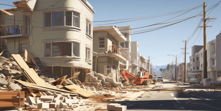 Process of demolition of old building dismantling. Excavator breaking house.の素材