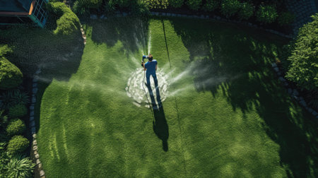 gardener watering the green lawn. ai generatedの素材