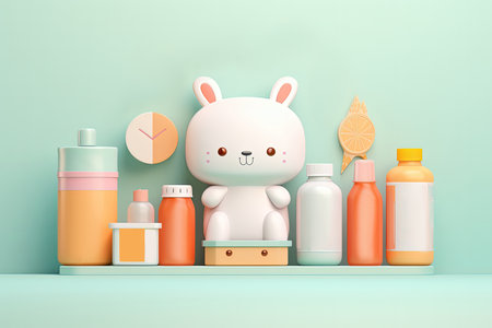 vitamin and dietary supplements, baby products on pastel backgroundの素材