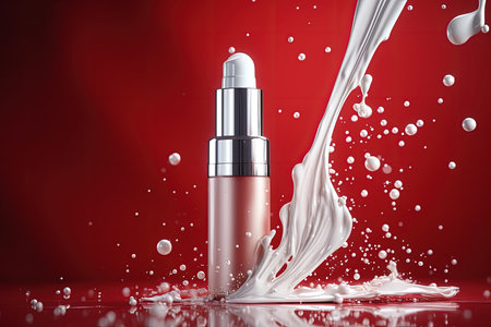 cosmetic product in white bottle with dispenser and splashesの素材