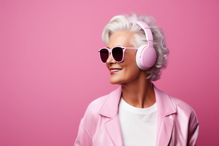 happy stylish senior woman listening to music in headphones on pink backgroundの素材