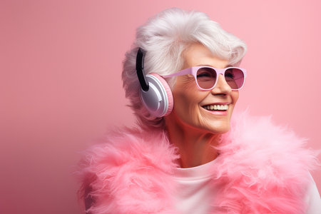 happy stylish senior woman listening to music in headphones on pink backgroundの素材