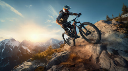 Mountain biker riding in mountain landscape in summerの素材